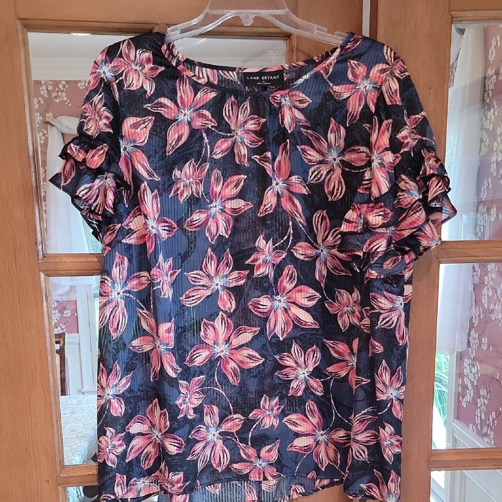 Lane Bryant Blue Blouse Short Sleeve Ruffled